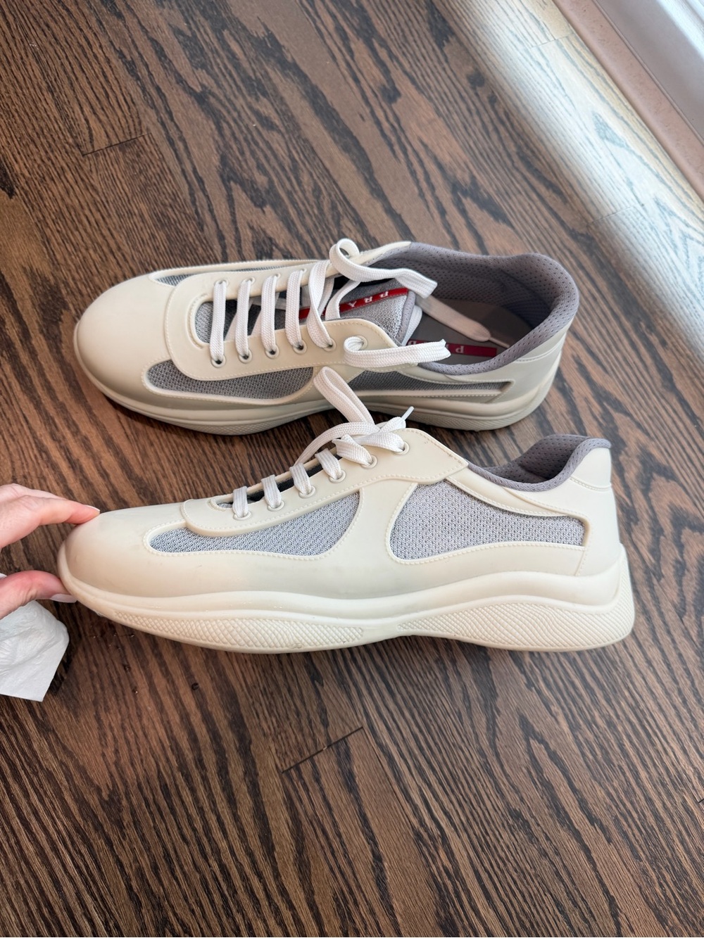 Prada Linea Rossa Cream and Light Gray Mesh Sneakers